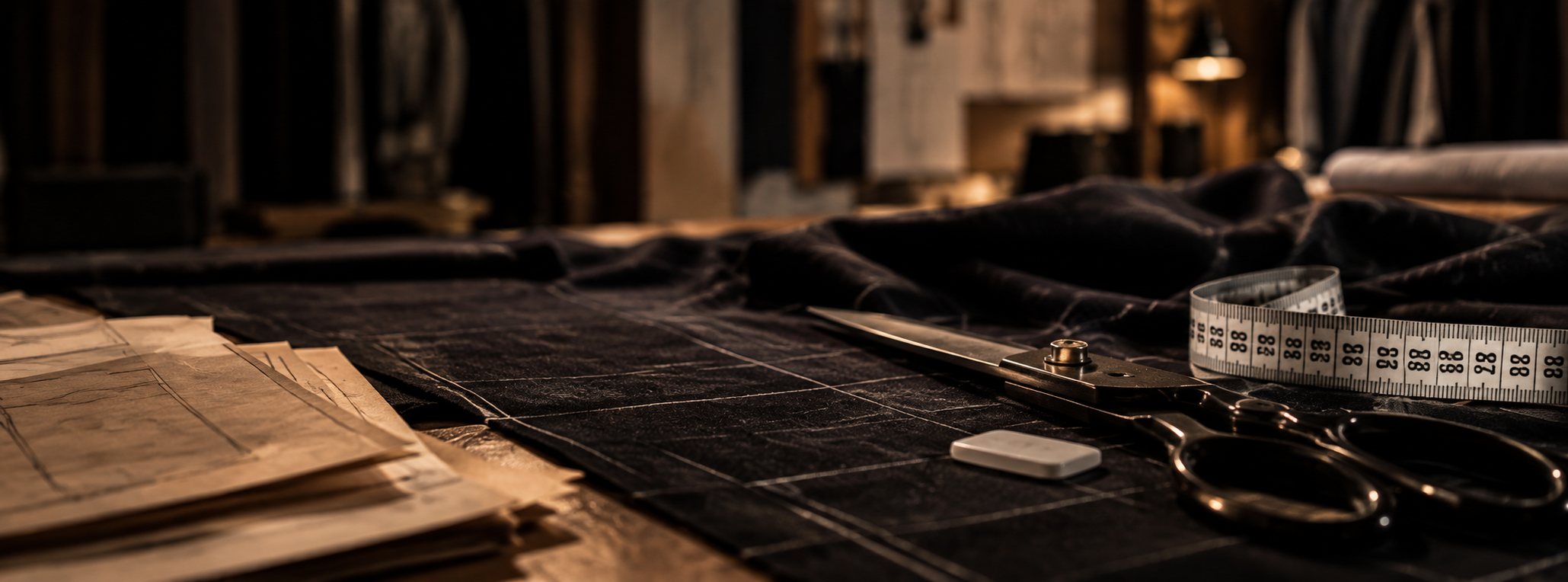 Mesa de corte do ateliê, com tesoura e fita métrica